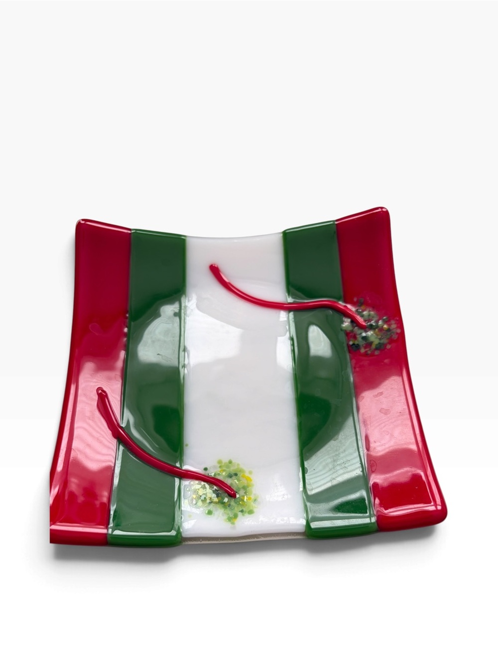 Handcrafted art glass red white green striped trinket dish